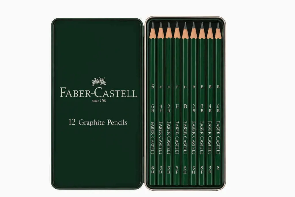 Faber-Castell 9000 graphite pencil set with 12 pencils in green metal tin, arranged by hardness from 6H to 8B, lid open showing brand logo.
