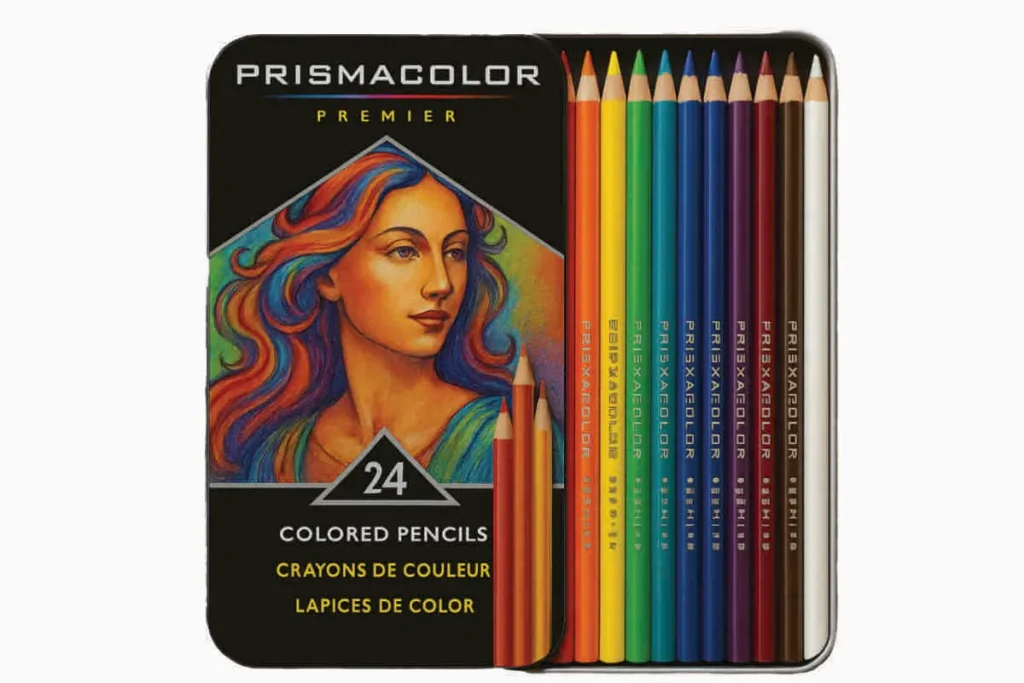 Prismacolor Premier 24-count colored pencil set in a black metal tin, with vibrant pencils arranged in a gradient beside an illustrated portrait on the lid, placed on wooden surface.