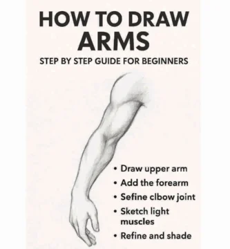 Sketch of a human arm with steps on how to draw it, for beginners