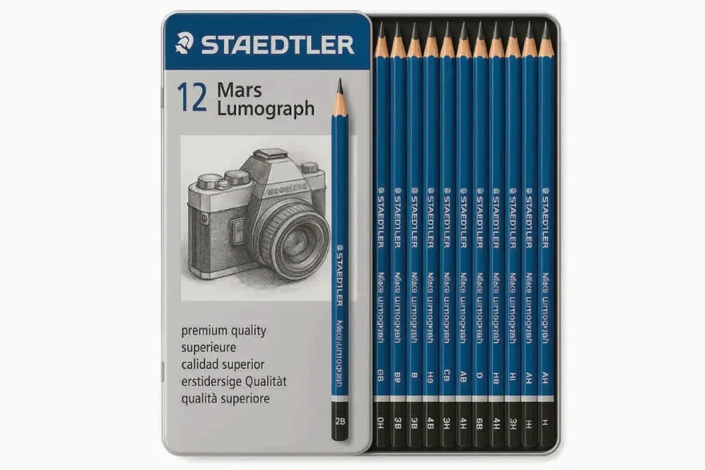 Staedtler Mars Lumograph pencil set in silver-blue metal tin with 12 graphite pencils arranged by grade, featuring a sketched camera illustration on the lid, placed on a wooden surface.