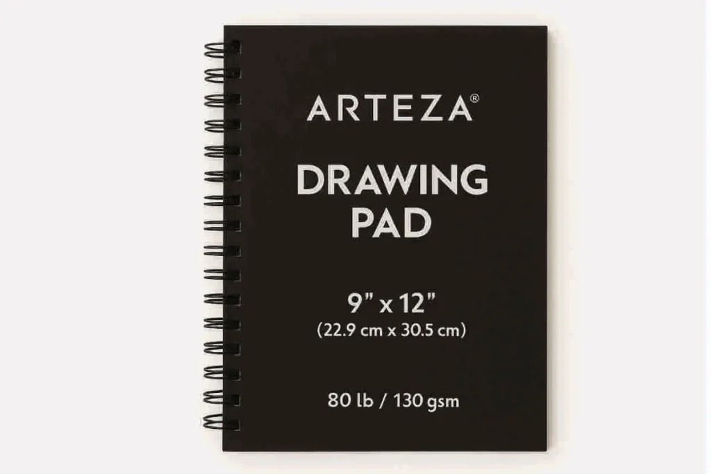 Arteza Drawing Pad with black spiral cover showing size and paper weight in bold white text, displayed on white background