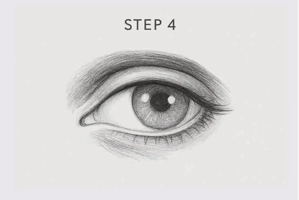 Step 4: Realistic pencil drawing of an eye with shading around eyelids, defined lashes, and textured iris on white textured paper