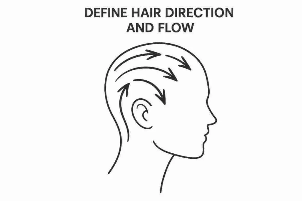Line drawing of a head in profile with black arrows showing hair direction and flow, transparent background