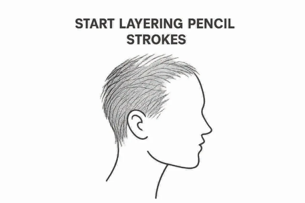 Side profile sketch of a human head showing layered pencil hair strokes with the title 'Start Layering Pencil Strokes' above, on transparent background