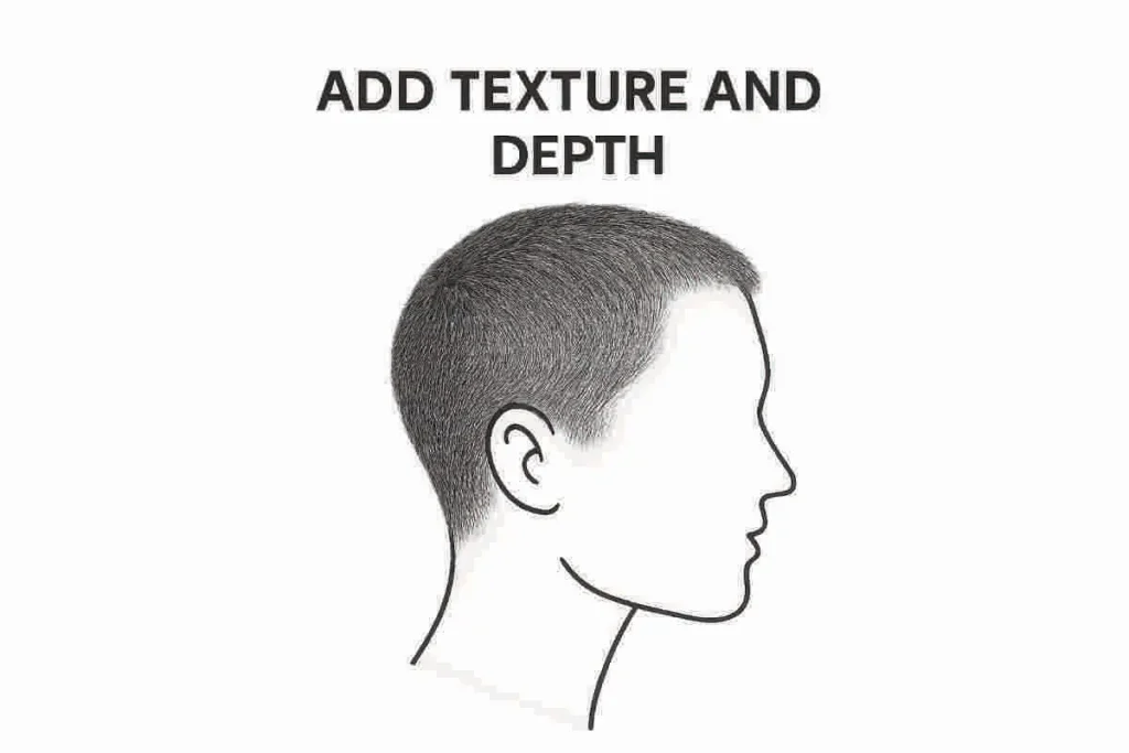 Side profile drawing showing realistic hair texture and depth with pencil strokes, labeled 'Add Texture and Depth' at the top, transparent background
