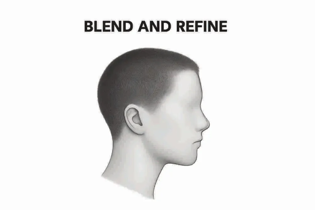 Side profile of a head with smoothly blended hair texture and realistic shading, titled 'Blend and Refine', transparent background.