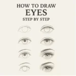 Tutorial image titled ‘How to Draw Eyes Step by Step’ showing six pencil sketches of an eye in progressive stages, from outline to realistic shading