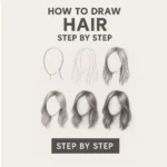 Tutorial image titled ‘How to Draw Hair Step by Step’ showing six progressive pencil sketches of female hair, from outline to detailed shading.