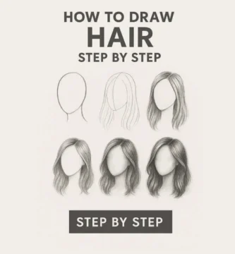 Tutorial image titled ‘How to Draw Hair Step by Step’ showing six progressive pencil sketches of female hair, from outline to detailed shading.