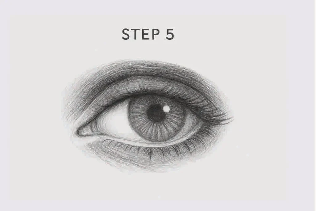 Step 5: Realistic pencil drawing of a human eye with detailed iris, curved lashes, and smooth shading on textured paper.