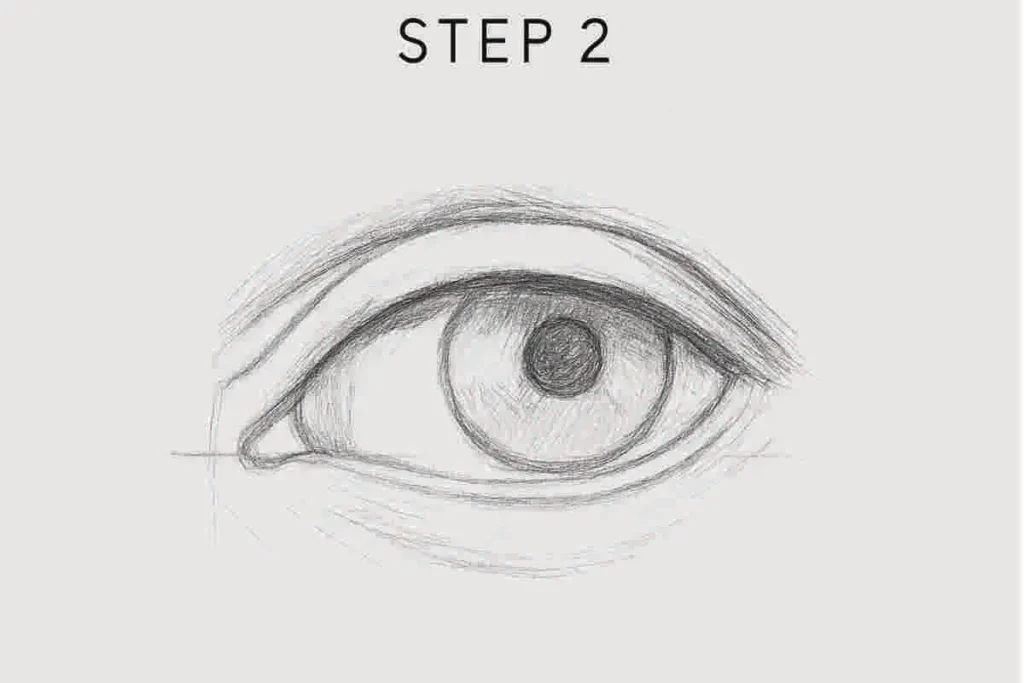 Step 2: Pencil drawing of a human eye with upper and lower eyelids, tear duct, and darkened pupil on textured white paper