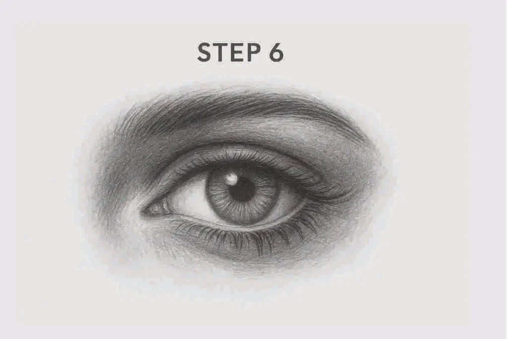 Step 6: Finished pencil drawing of a realistic human eye with detailed lashes, shading, and subtle eyebrow texture on white textured paper