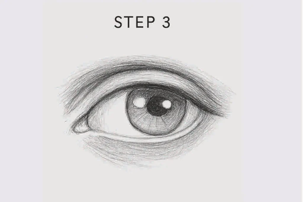 Step 3: Realistic pencil drawing of an eye with darkened pupil, iris detail, and light reflections, on textured white paper