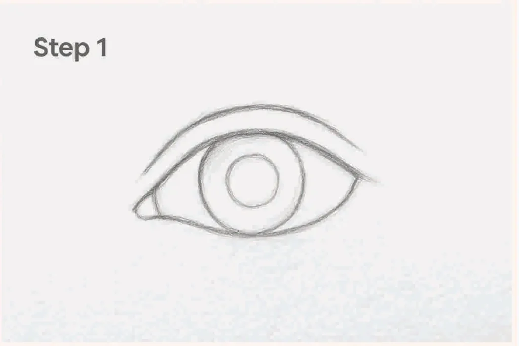 Step 1: Pencil sketch of an eye showing almond shape, iris circle, and light guideline lines on white textured paper