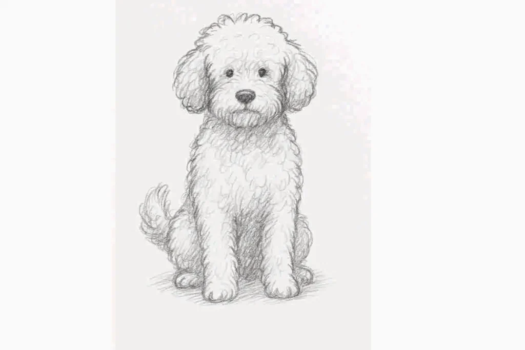 Fluffy poodle-style dog drawing with curly fur, soft pencil sketch, front view