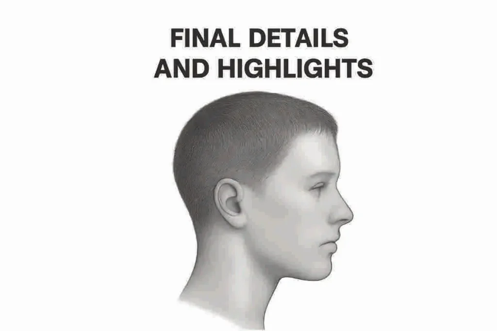 Realistic pencil sketch of a human head in profile with detailed shading and highlights in the hair and face, labeled 'Final Details and Highlights', transparent background.