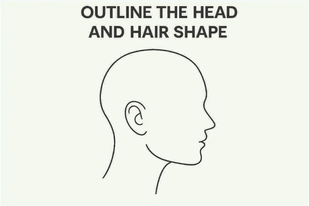 Simple black outline of a human head in profile view with clear facial and hair shape contours, titled 'Outline the Head and Hair Shape', transparent background.