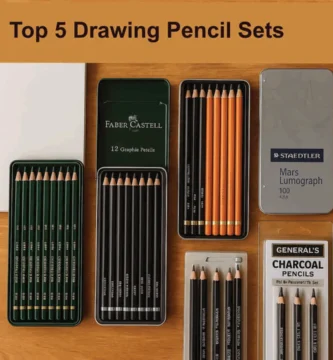 ,Top 5 drawing pencils for artists with accessories on a wooden desk