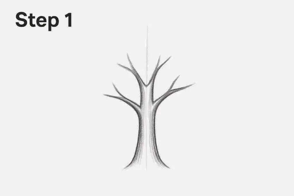 High-contrast pencil drawing of tree trunk and main branch bases with shading and a vertical guideline, on white pape