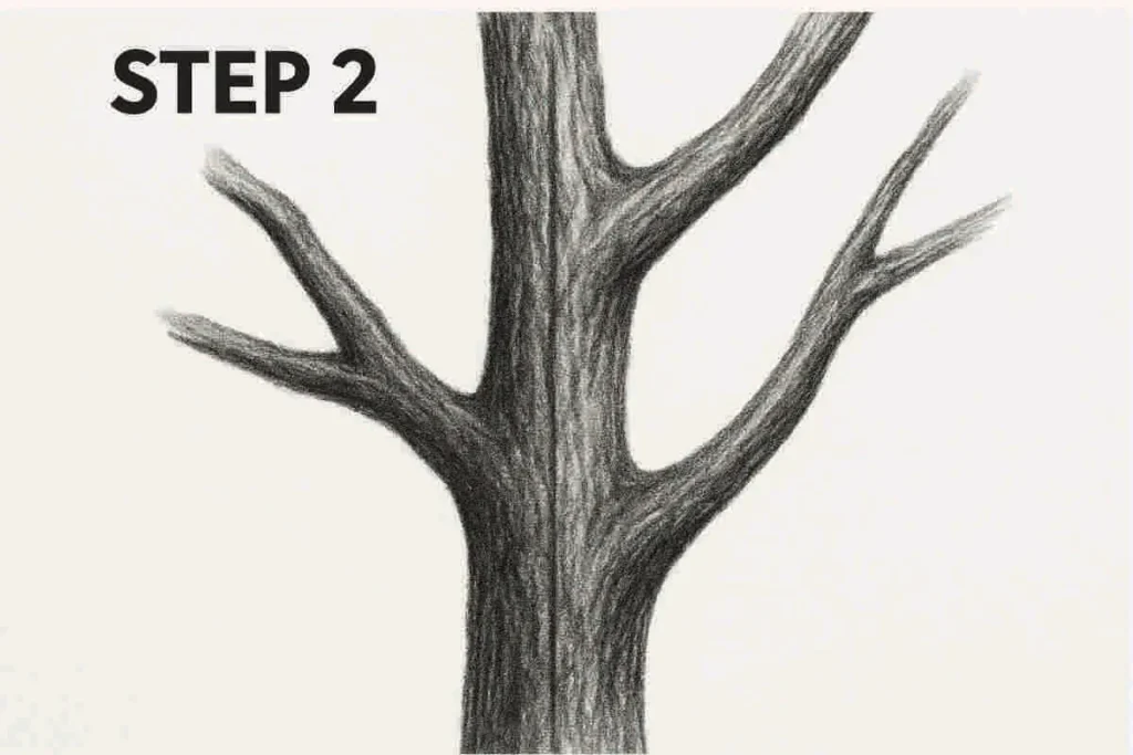 Dark pencil drawing of tree trunk with three textured branches and strong vertical shading, shown on white textured paper