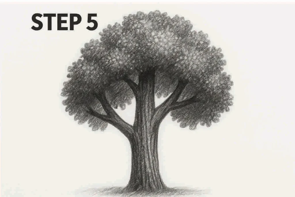 Detailed pencil drawing of a tree with high-contrast foliage texture and shaded bark, showing leaf clusters and canopy depth