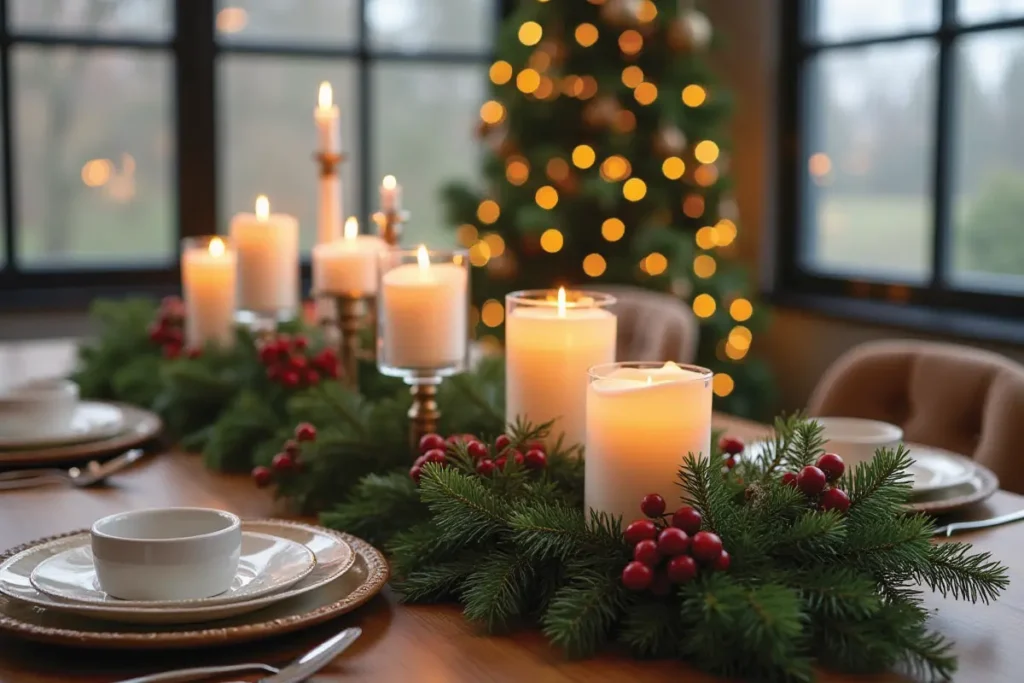 Centro de mesa navideño con follaje verde y velas en un comedor moderno.