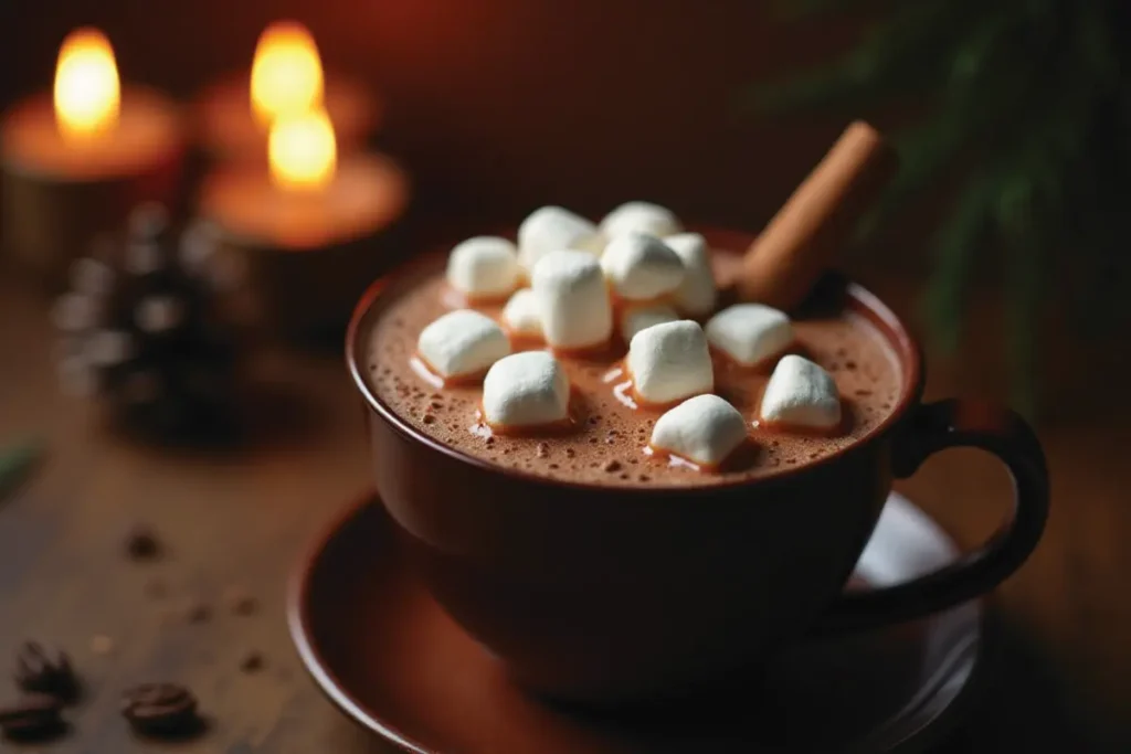 Taza de chocolate caliente con malvaviscos.”
