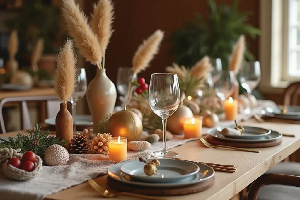 7.	Mesa navideña boho chic con texturas naturales y tonos cálidos.