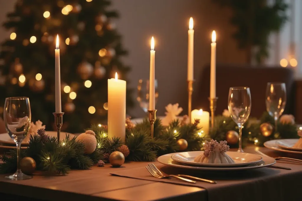 1.	Mesa de Navidad elegante decorada con tonos dorados y velas en un ambiente acogedor