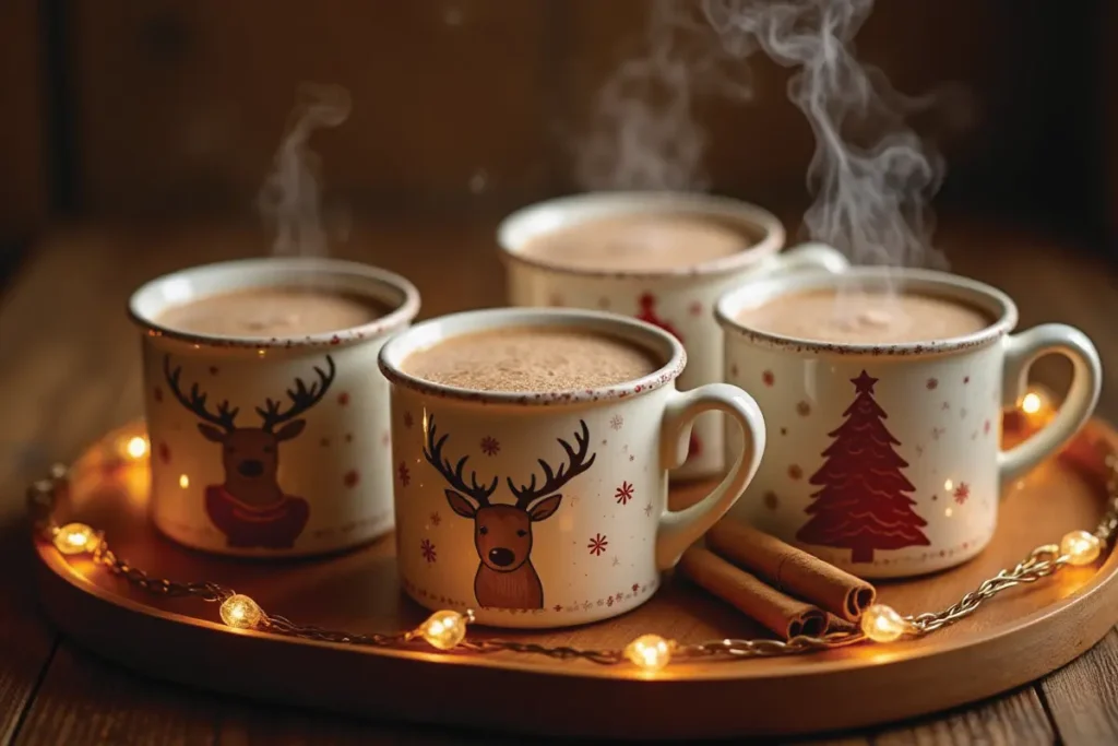 Tazas navideñas con chocolate caliente sobre bandeja decorada con luces.