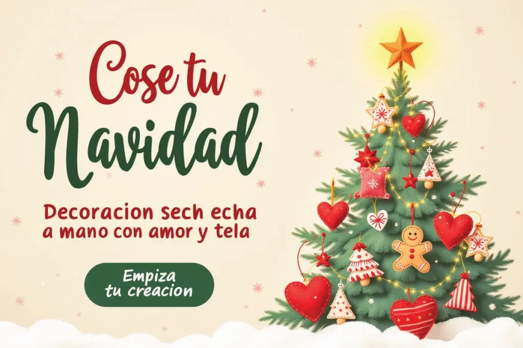 Adornos navideños de fieltro y tela con personajes como muñecos de nieve, renos y Santa, colores suaves y diseño infantil