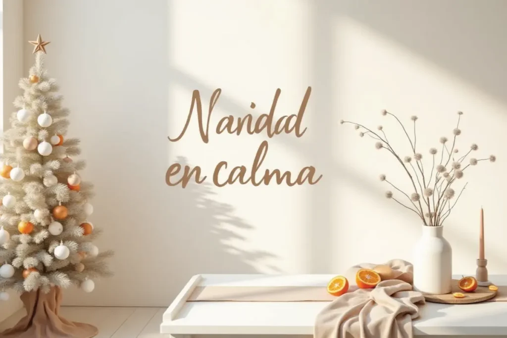 Adornos de Navidad minimalistas en tonos blanco y beige, estilo nórdico con texturas naturales y decoración escandinava moderna.
