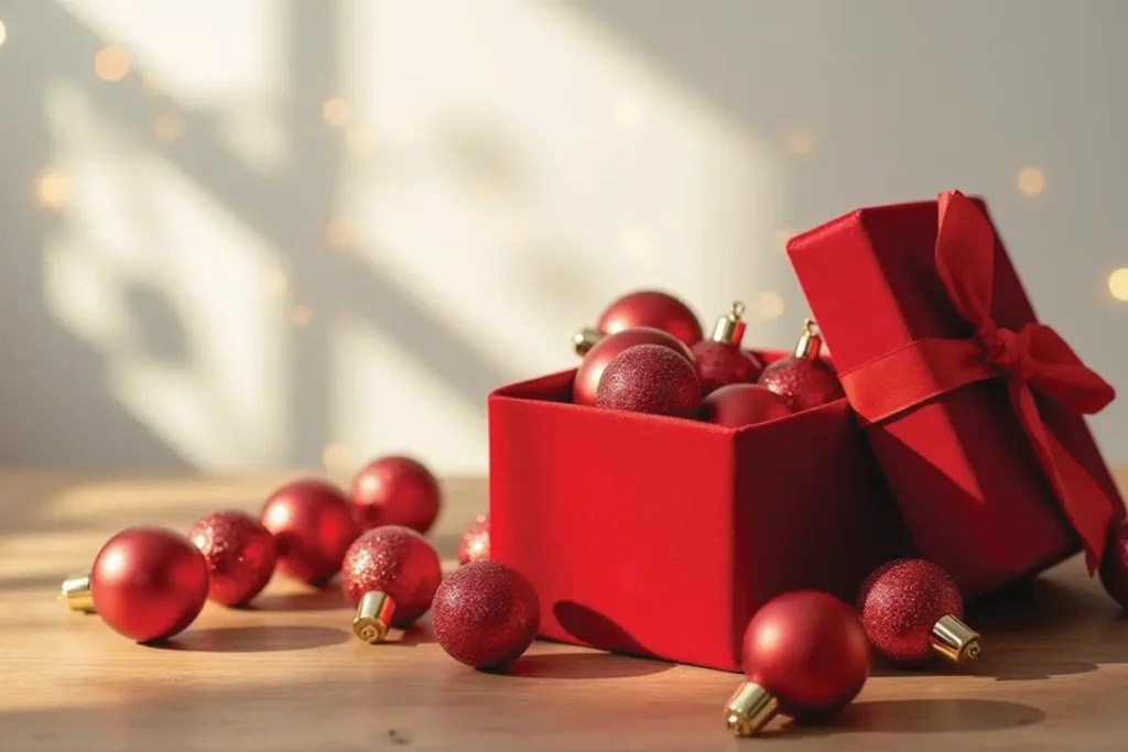 Adornos de Navidad rojos brillantes sobre un árbol verde con luces doradas, decoración clásica y tradicional navideña.”