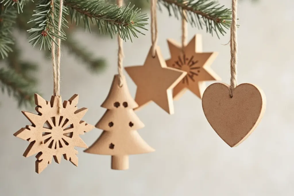 Adornos de Navidad hechos de madera natural con estilo rústico y escandinavo, estrellas y corazones tallados, tonos beige y madera clara.”