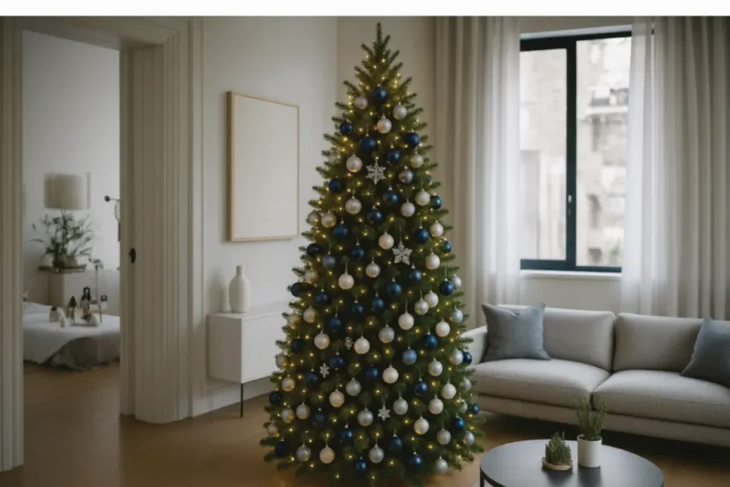Árbol de Navidad elegante decorado con adornos azules y plateados en una sala moderna con iluminación suave.