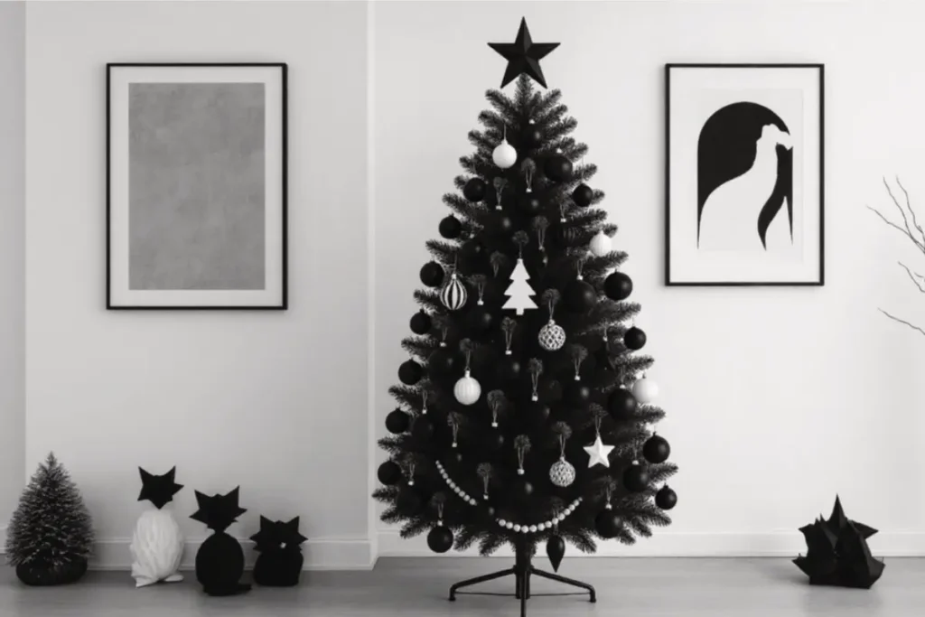Árbol de Navidad moderno decorado en blanco y negro, con estilo minimalista y ambiente contemporáneo.