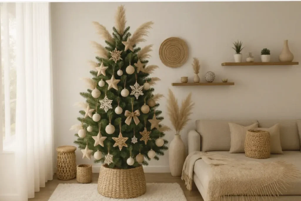 Árbol de Navidad boho chic con adornos naturales, tonos tierra y detalles de fibras y texturas.