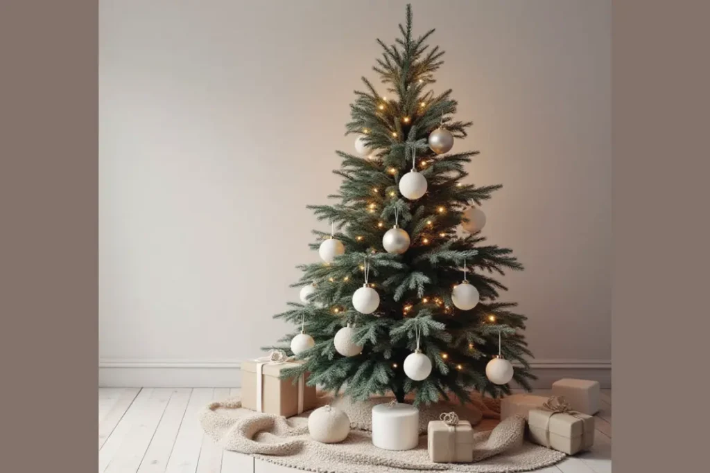Árbol de Navidad minimalista con adornos blancos y beige en un interior escandinavo, iluminación suave y estilo moderno.