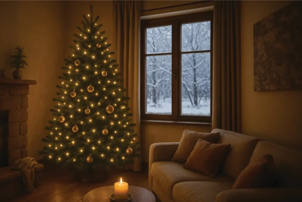 Árbol de Navidad colocado junto a una ventana con iluminación cálida, 