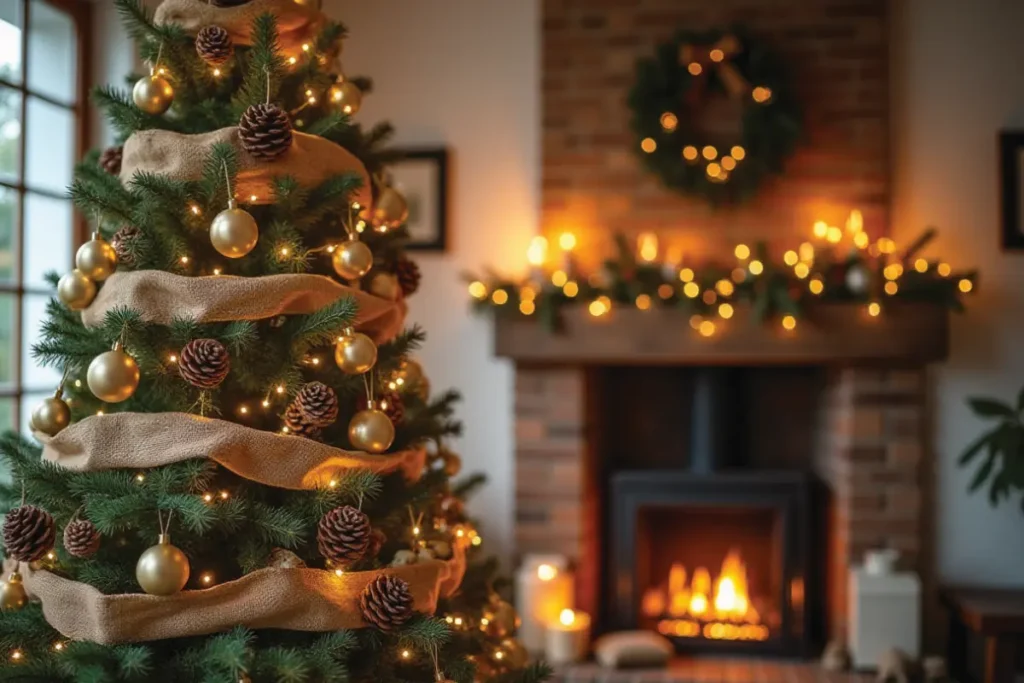 Árbol de Navidad estilo rústico farmhouse con decoraciones naturales, luces cálidas y ambiente acogedor
