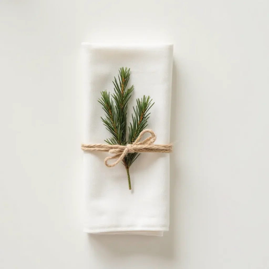Servilletas navideñas minimalistas en blanco y beige con ramita de pino.