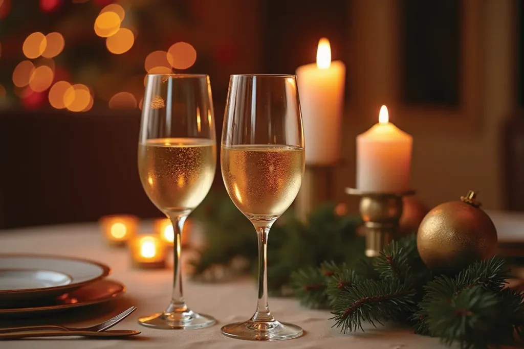 Copas elegantes con borde dorado sobre una mesa navideña con velas.