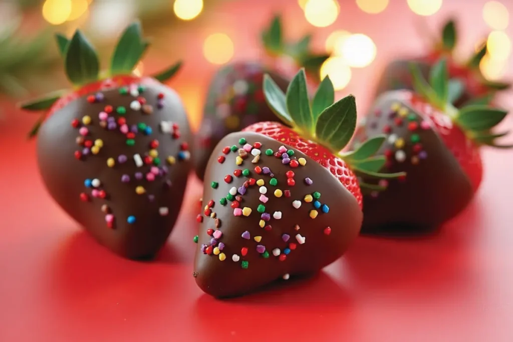Frutillas cubiertas en chocolate con sprinkles navideños