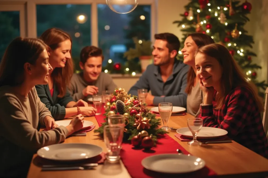 10.	Mesa familiar navideña con decoración colorida y ambiente acogedor