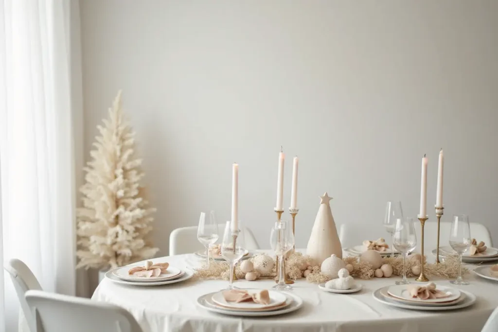 Mesa de Navidad minimalista en blanco y beige con decoración escandinava.