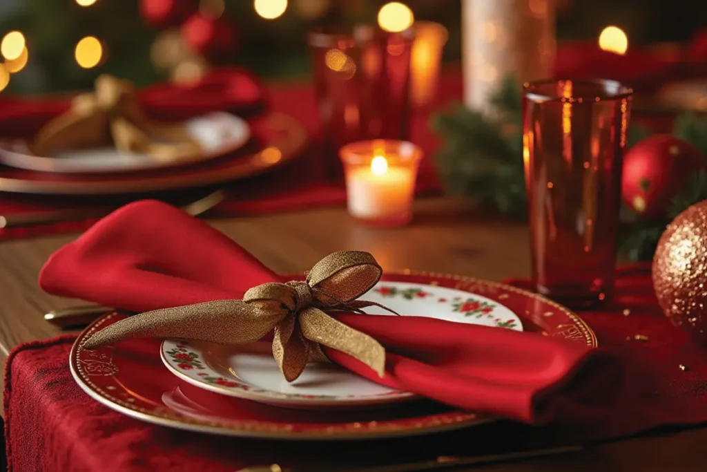 Mesa navideña clásica decorada en tonos rojo y dorado con ambiente festivo.
