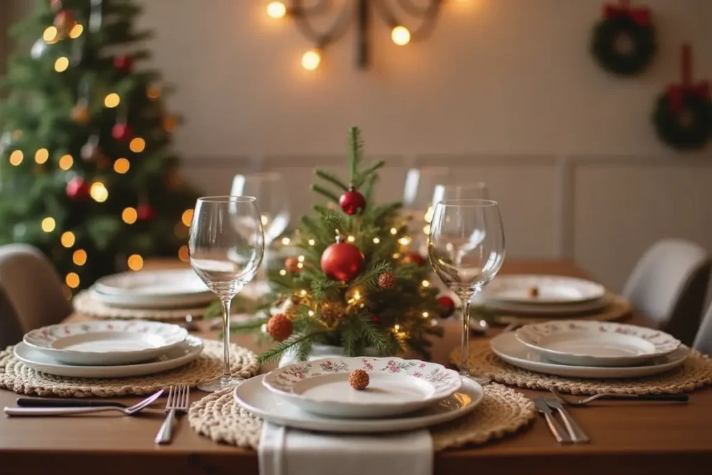 Mesa de Navidad de lujo con cristalería y cubiertos plateados y dorado