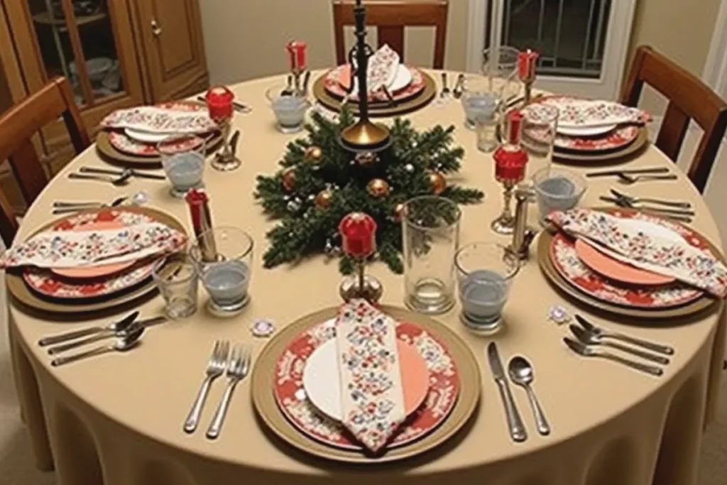 8.	Mesa navideña pequeña ideal para espacios reducidos con decoración sencilla.