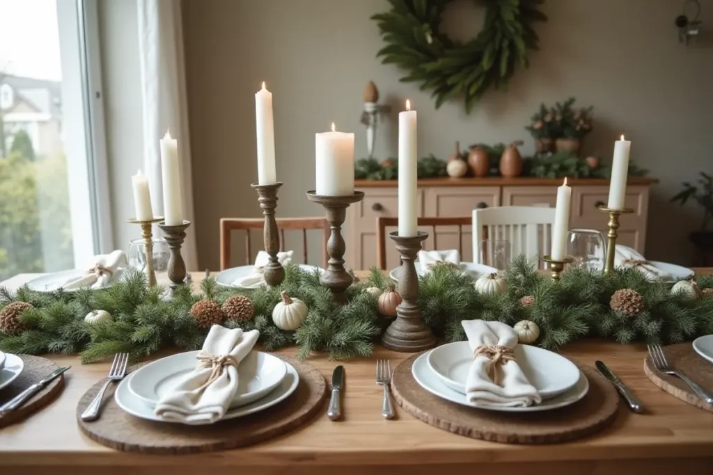 Mesa navideña rústica con elementos naturales, madera y velas blancas.