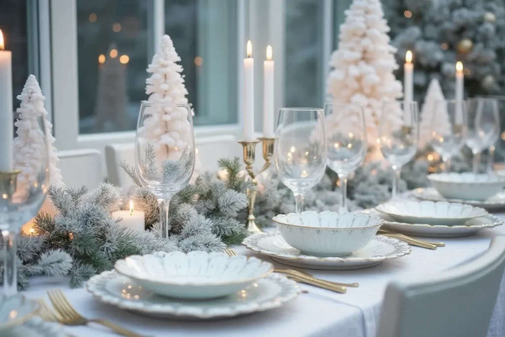 6.	Mesa temática de invierno con decoración en plata y blanco.
